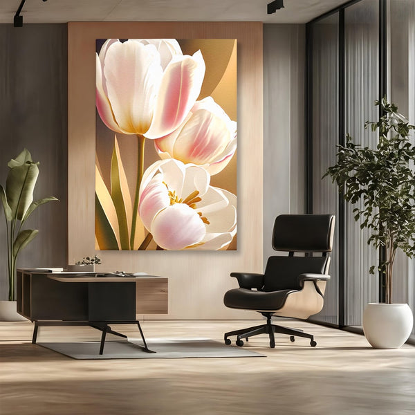 Tablou Canvas Premium LuxCanva® A1421, 3Tulip, Living, Lalele, Roz, Planta, Primavara, Dormitor, Decorativ, Culori Vibrante