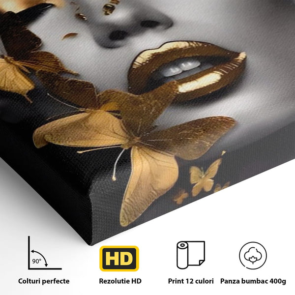 Tablou Canvas Premium LuxCanva® A1424, Butterfly Woman , Living, Frumusete, Femeie, Fluturi, Auriu, Decorativ, Culori Vibrante
