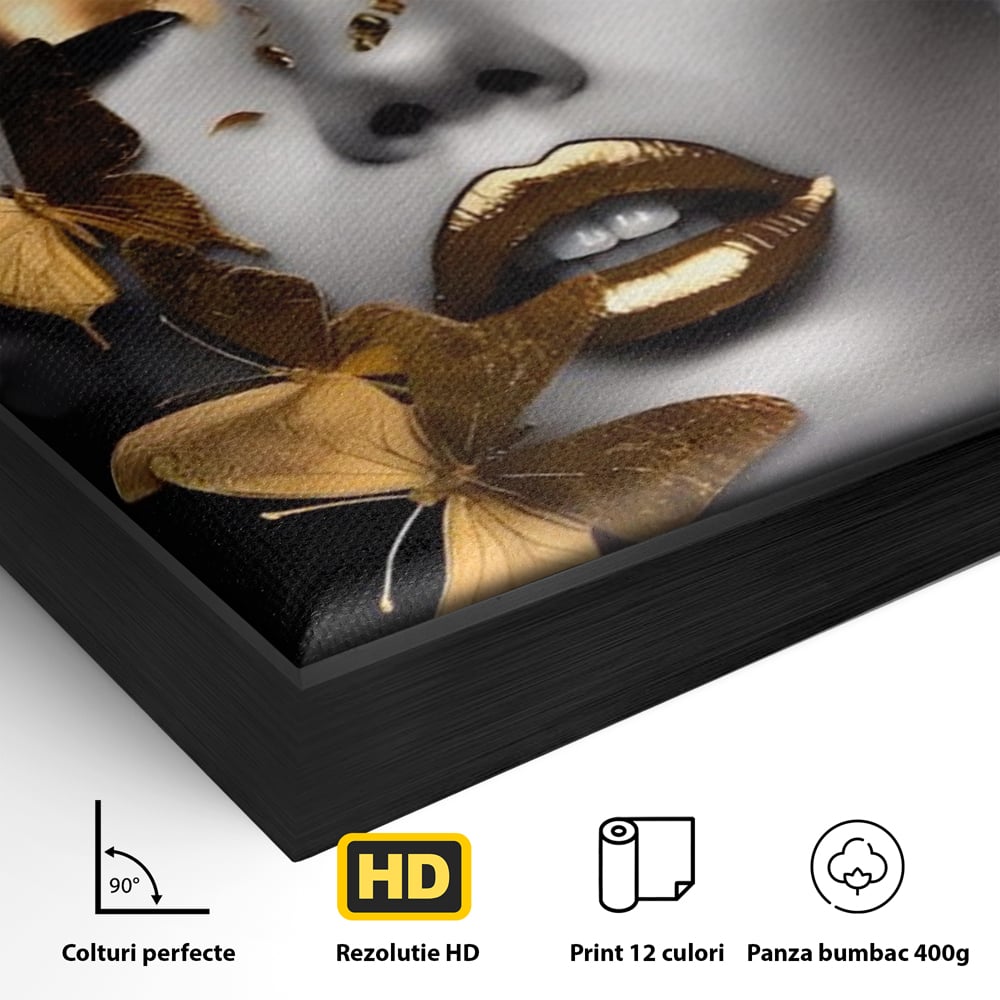 Tablou Canvas Premium LuxCanva® A1424, Butterfly Woman , Living, Frumusete, Femeie, Fluturi, Auriu, Decorativ, Culori Vibrante