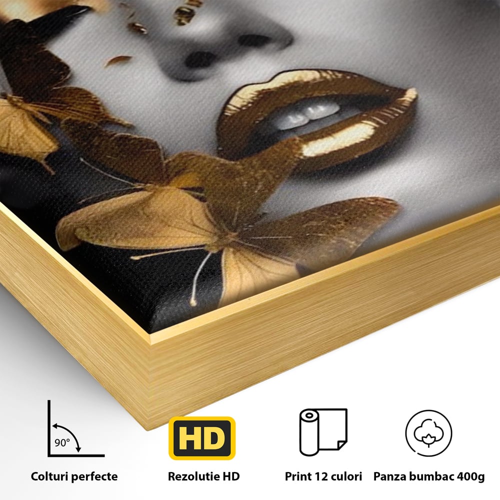 Tablou Canvas Premium LuxCanva® A1424, Butterfly Woman , Living, Frumusete, Femeie, Fluturi, Auriu, Decorativ, Culori Vibrante