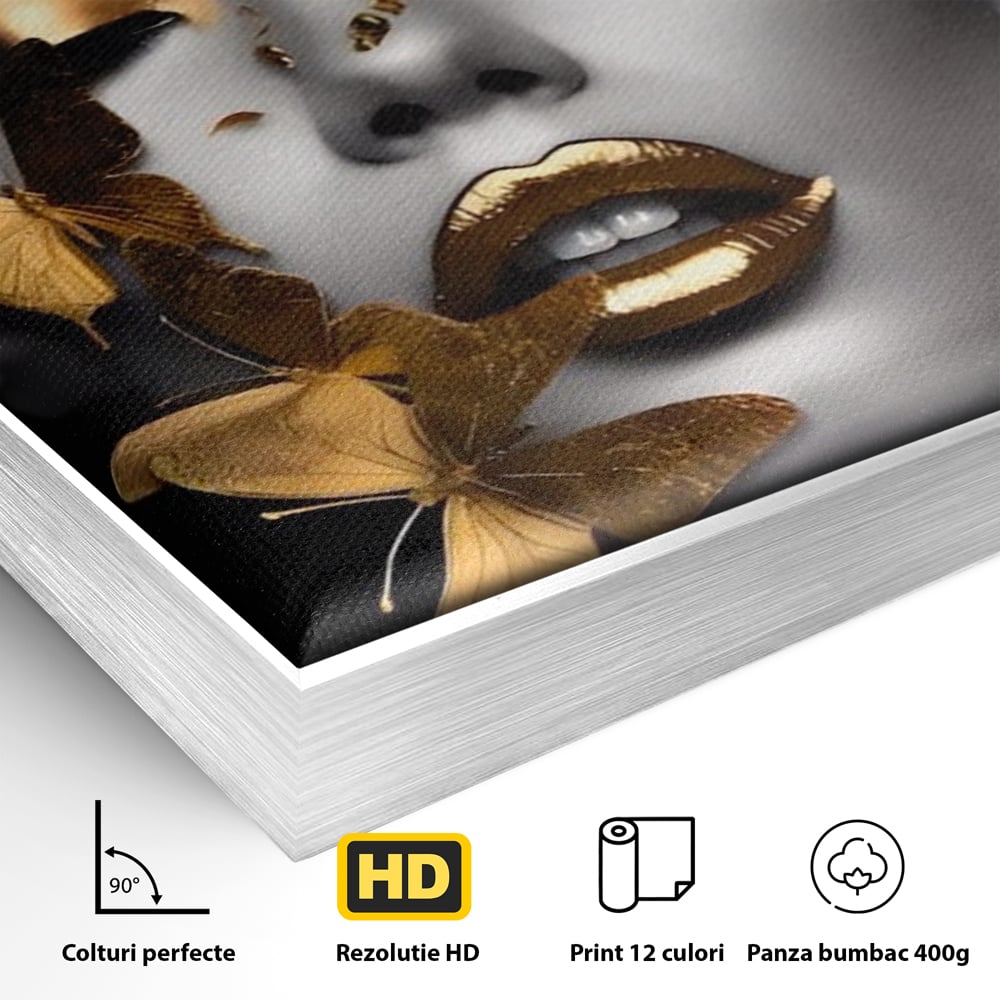 Tablou Canvas Premium LuxCanva® A1424, Butterfly Woman , Living, Frumusete, Femeie, Fluturi, Auriu, Decorativ, Culori Vibrante