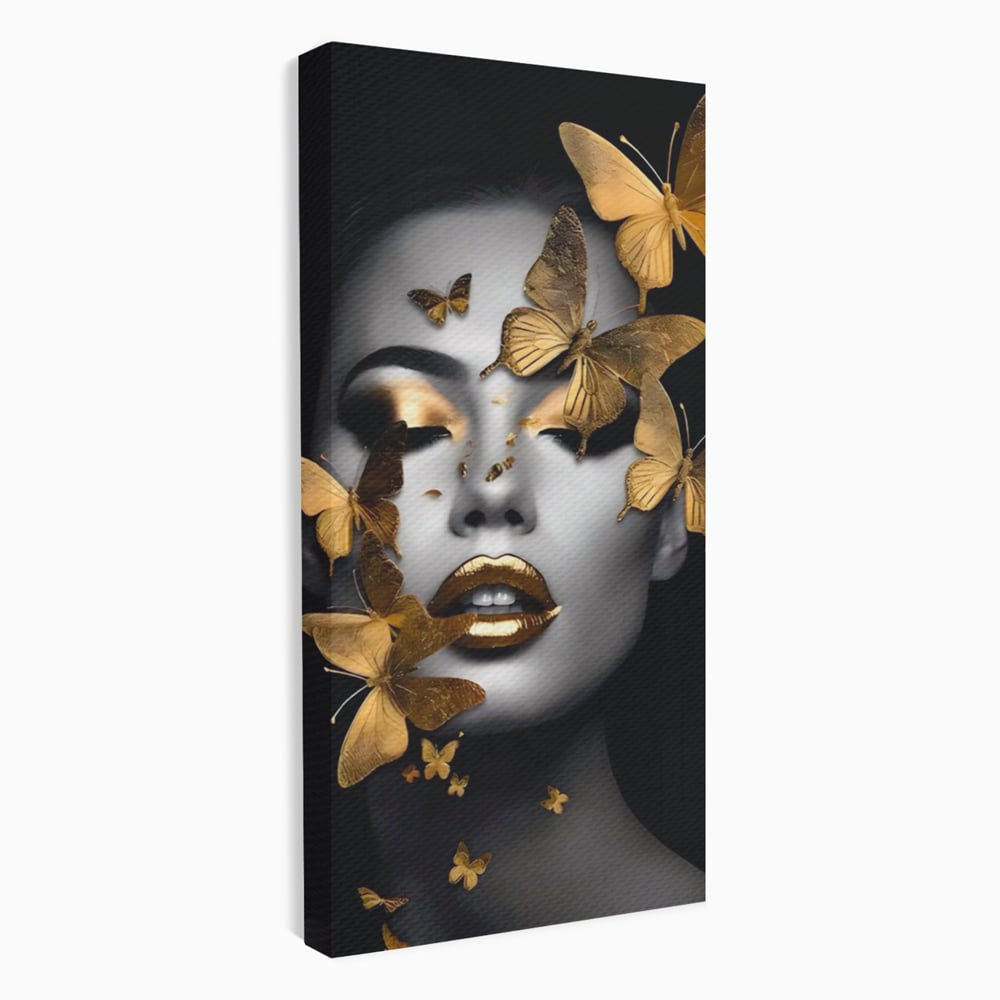 Tablou Canvas Premium LuxCanva® A1424, Butterfly Woman , Living, Frumusete, Femeie, Fluturi, Auriu, Decorativ, Culori Vibrante