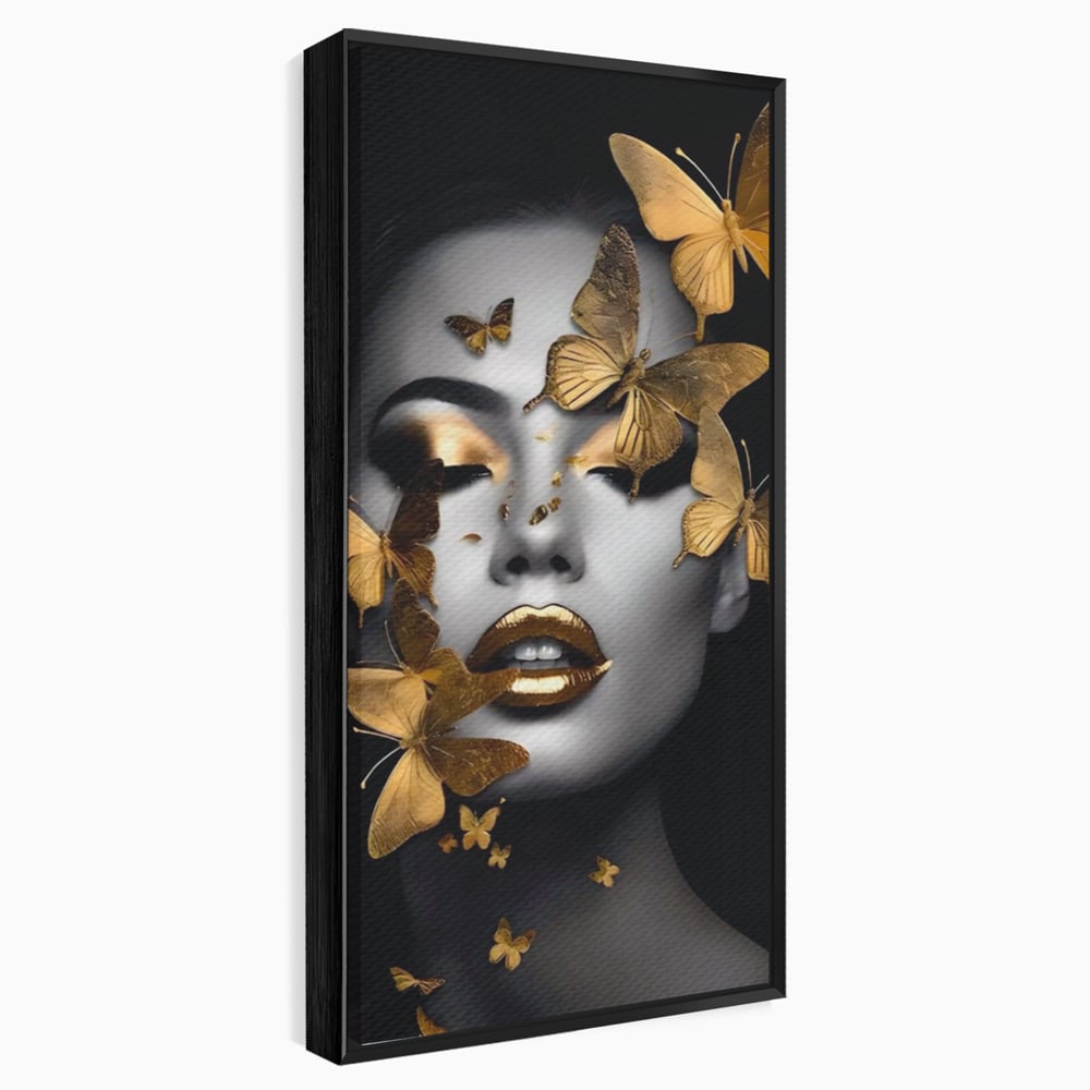 Tablou Canvas Premium LuxCanva® A1424, Butterfly Woman , Living, Frumusete, Femeie, Fluturi, Auriu, Decorativ, Culori Vibrante