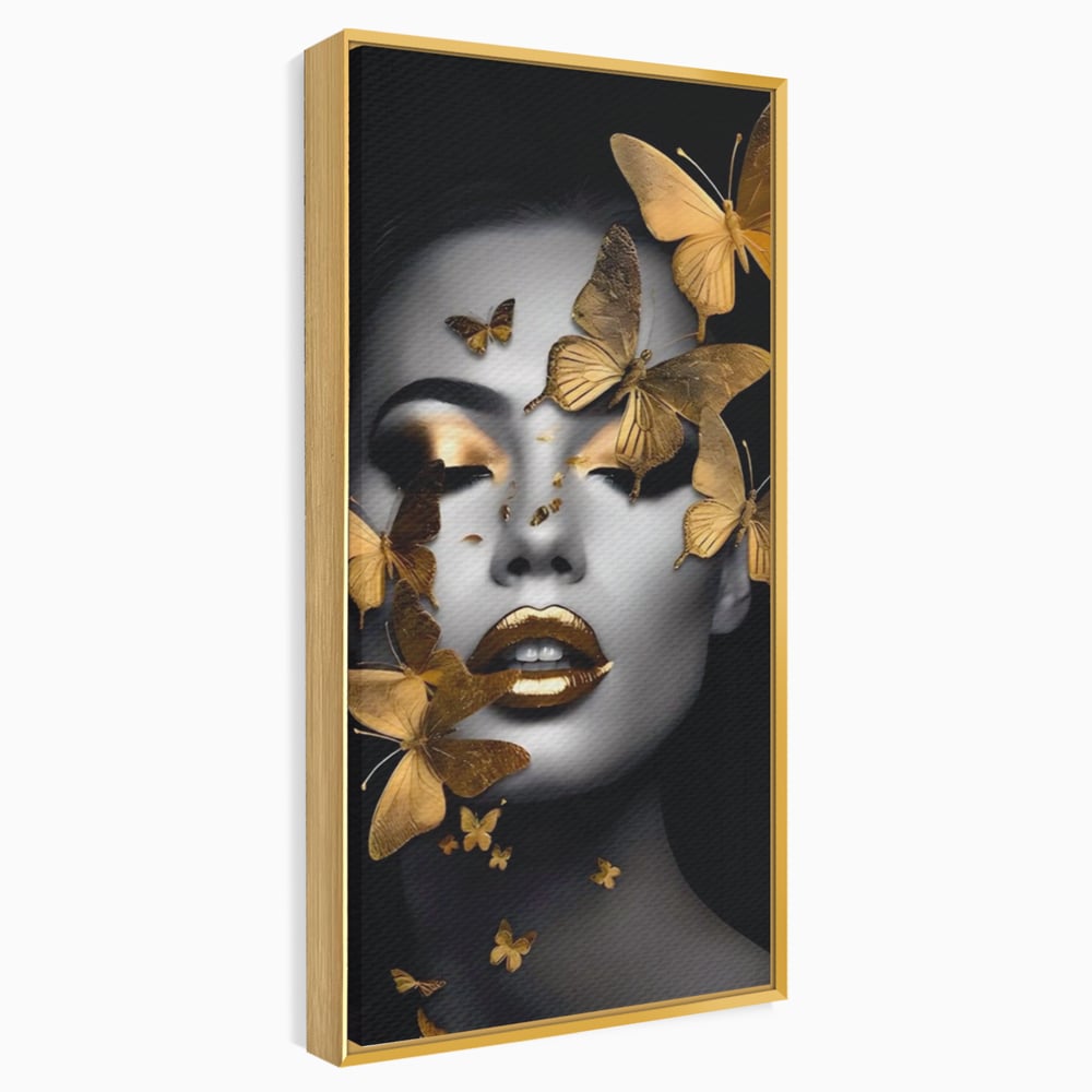 Tablou Canvas Premium LuxCanva® A1424, Butterfly Woman , Living, Frumusete, Femeie, Fluturi, Auriu, Decorativ, Culori Vibrante