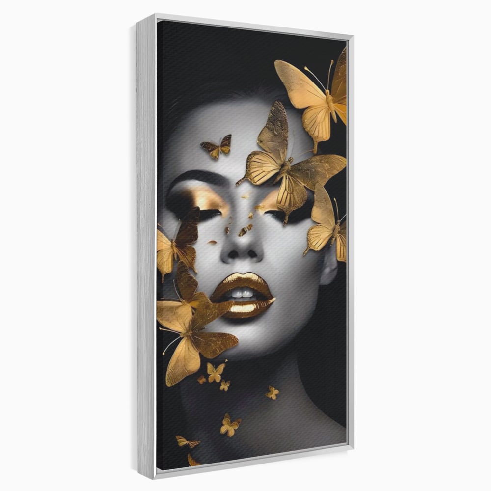 Tablou Canvas Premium LuxCanva® A1424, Butterfly Woman , Living, Frumusete, Femeie, Fluturi, Auriu, Decorativ, Culori Vibrante