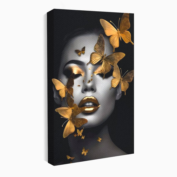 Tablou Canvas Premium LuxCanva® A1424, Butterfly Woman , Living, Frumusete, Femeie, Fluturi, Auriu, Decorativ, Culori Vibrante