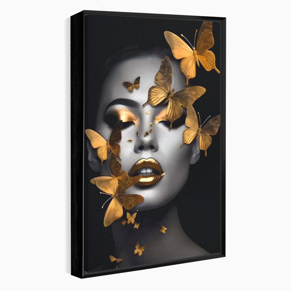 Tablou Canvas Premium LuxCanva® A1424, Butterfly Woman , Living, Frumusete, Femeie, Fluturi, Auriu, Decorativ, Culori Vibrante