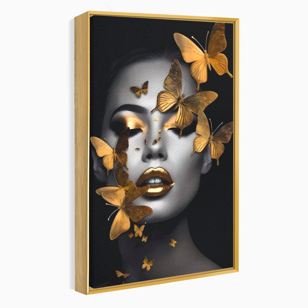 Tablou Canvas Premium LuxCanva® A1424, Butterfly Woman , Living, Frumusete, Femeie, Fluturi, Auriu, Decorativ, Culori Vibrante