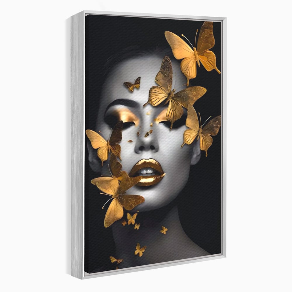 Tablou Canvas Premium LuxCanva® A1424, Butterfly Woman , Living, Frumusete, Femeie, Fluturi, Auriu, Decorativ, Culori Vibrante