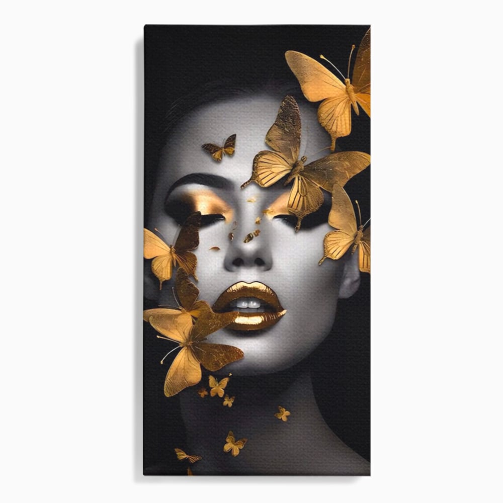 Tablou Canvas Premium LuxCanva® A1424, Butterfly Woman , Living, Frumusete, Femeie, Fluturi, Auriu, Decorativ, Culori Vibrante