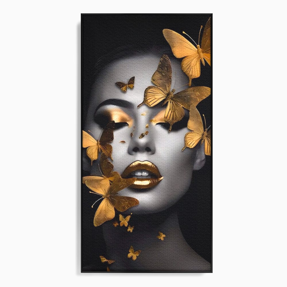 Tablou Canvas Premium LuxCanva® A1424, Butterfly Woman , Living, Frumusete, Femeie, Fluturi, Auriu, Decorativ, Culori Vibrante