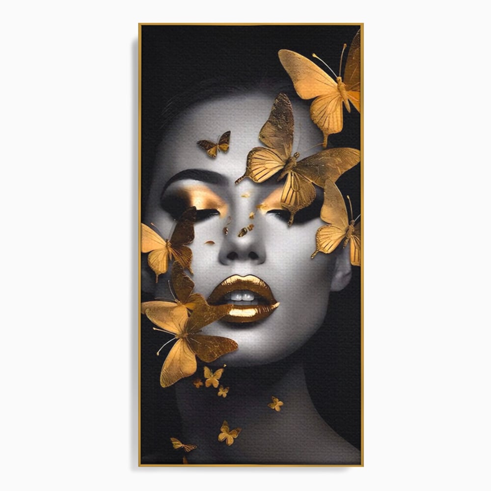 Tablou Canvas Premium LuxCanva® A1424, Butterfly Woman , Living, Frumusete, Femeie, Fluturi, Auriu, Decorativ, Culori Vibrante