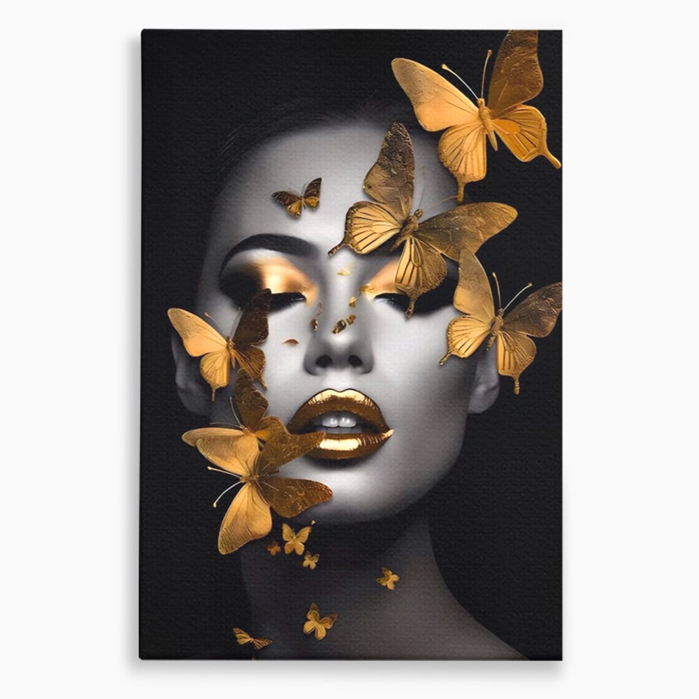 Tablou Canvas Premium LuxCanva® A1424, Butterfly Woman , Living, Frumusete, Femeie, Fluturi, Auriu, Decorativ, Culori Vibrante