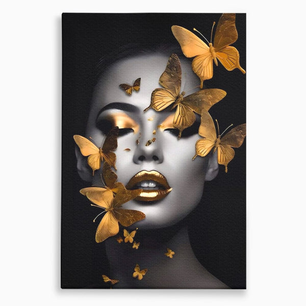 Tablou Canvas Premium LuxCanva® A1424, Butterfly Woman , Living, Frumusete, Femeie, Fluturi, Auriu, Decorativ, Culori Vibrante