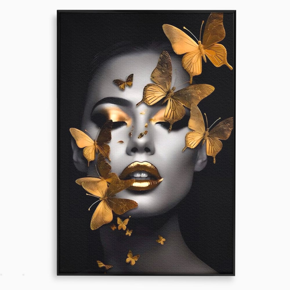 Tablou Canvas Premium LuxCanva® A1424, Butterfly Woman , Living, Frumusete, Femeie, Fluturi, Auriu, Decorativ, Culori Vibrante
