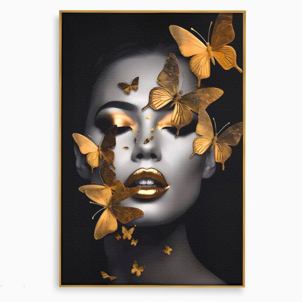Tablou Canvas Premium LuxCanva® A1424, Butterfly Woman , Living, Frumusete, Femeie, Fluturi, Auriu, Decorativ, Culori Vibrante