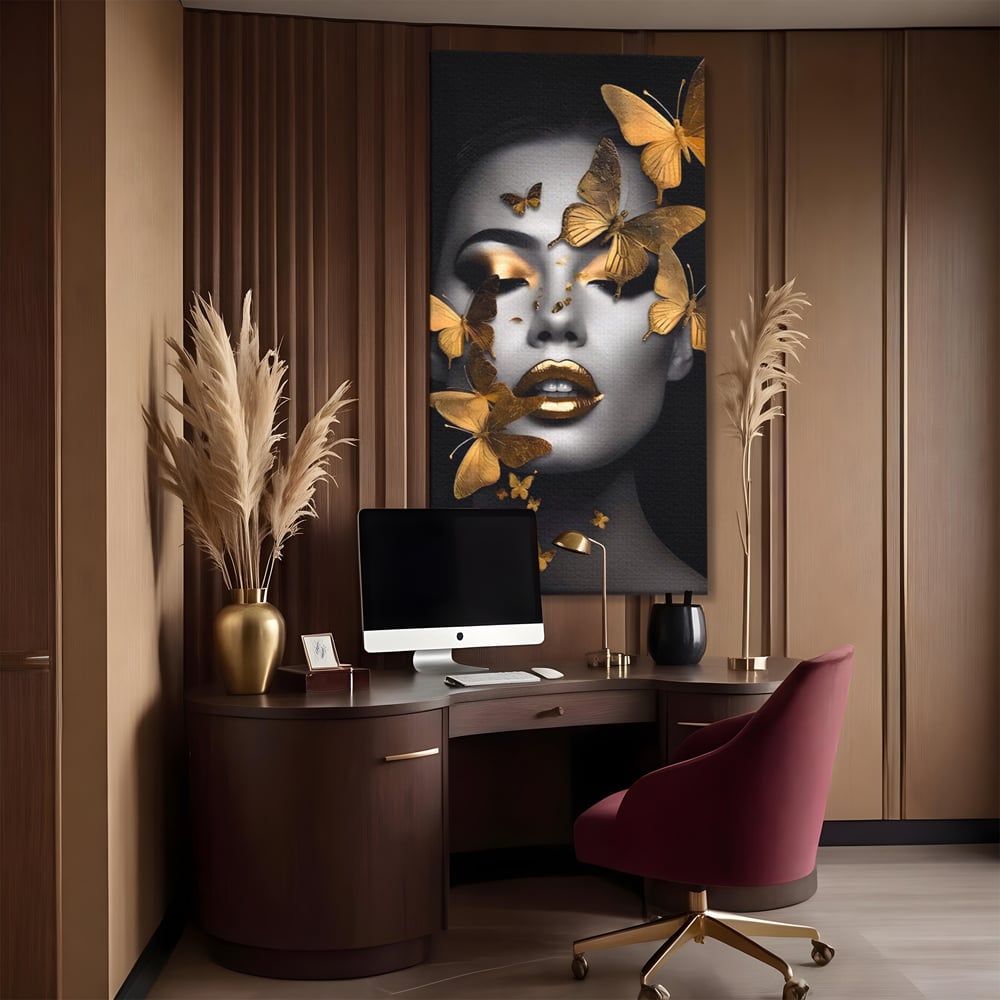 Tablou Canvas Premium LuxCanva® A1424, Butterfly Woman , Living, Frumusete, Femeie, Fluturi, Auriu, Decorativ, Culori Vibrante