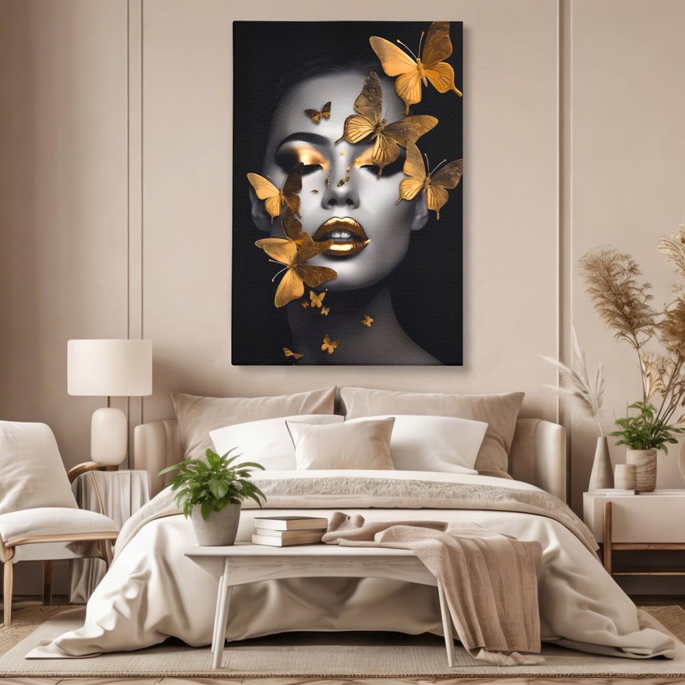 Tablou Canvas Premium LuxCanva® A1424, Butterfly Woman , Living, Frumusete, Femeie, Fluturi, Auriu, Decorativ, Culori Vibrante