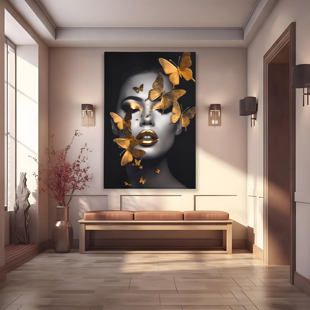 Tablou Canvas Premium LuxCanva® A1424, Butterfly Woman , Living, Frumusete, Femeie, Fluturi, Auriu, Decorativ, Culori Vibrante