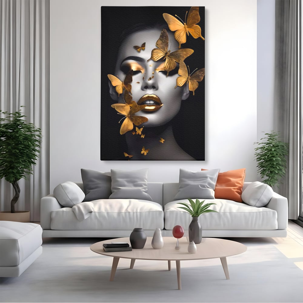 Tablou Canvas Premium LuxCanva® A1424, Butterfly Woman , Living, Frumusete, Femeie, Fluturi, Auriu, Decorativ, Culori Vibrante