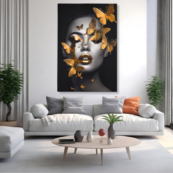 Tablou Canvas Premium LuxCanva® A1424, Butterfly Woman , Living, Frumusete, Femeie, Fluturi, Auriu, Decorativ, Culori Vibrante