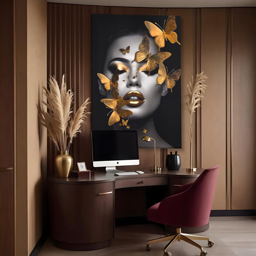 Tablou Canvas Premium LuxCanva® A1424, Butterfly Woman , Living, Frumusete, Femeie, Fluturi, Auriu, Decorativ, Culori Vibrante