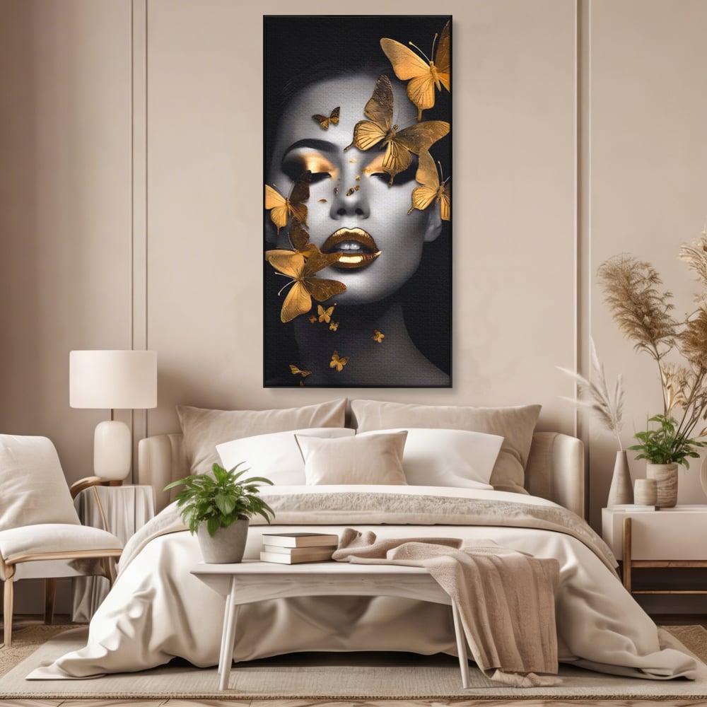 Tablou Canvas Premium LuxCanva® A1424, Butterfly Woman , Living, Frumusete, Femeie, Fluturi, Auriu, Decorativ, Culori Vibrante