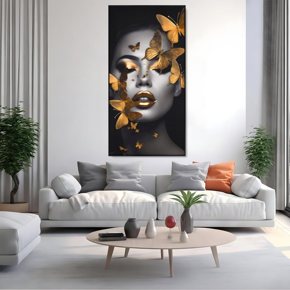 Tablou Canvas Premium LuxCanva® A1424, Butterfly Woman , Living, Frumusete, Femeie, Fluturi, Auriu, Decorativ, Culori Vibrante