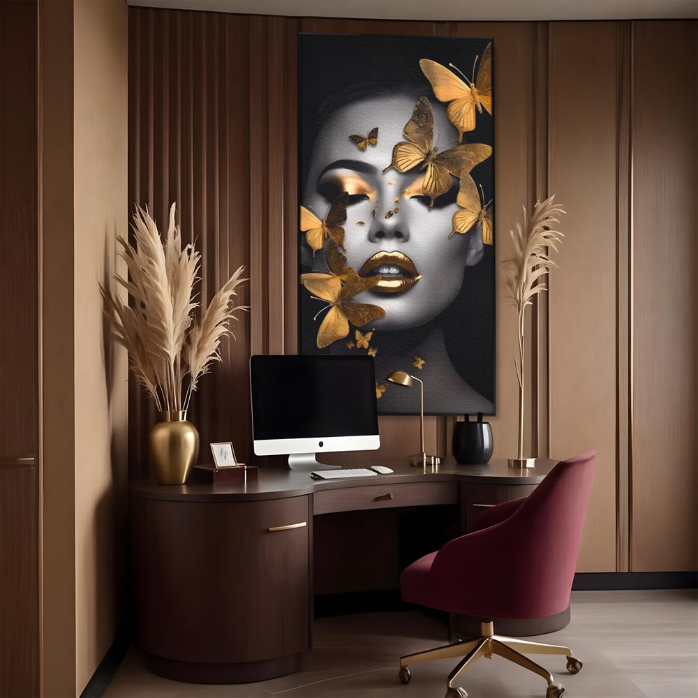 Tablou Canvas Premium LuxCanva® A1424, Butterfly Woman , Living, Frumusete, Femeie, Fluturi, Auriu, Decorativ, Culori Vibrante