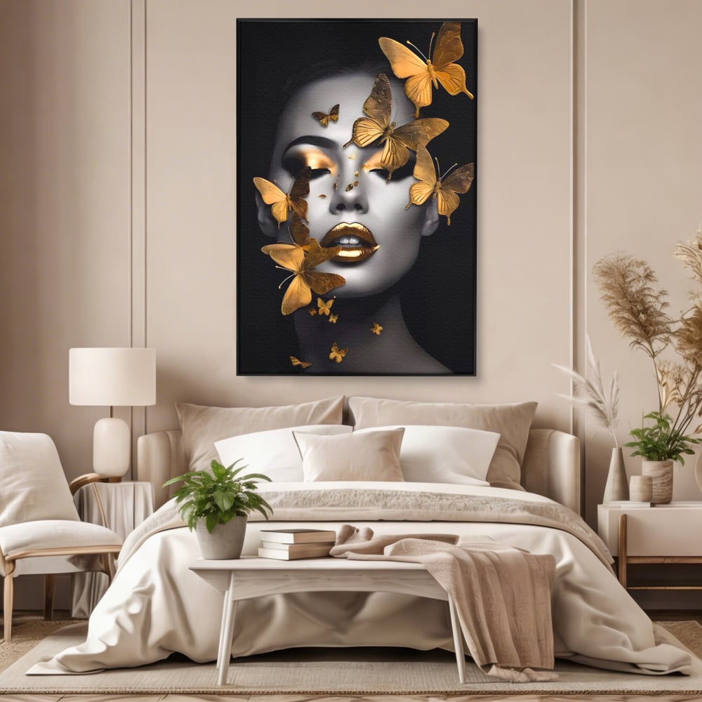 Tablou Canvas Premium LuxCanva® A1424, Butterfly Woman , Living, Frumusete, Femeie, Fluturi, Auriu, Decorativ, Culori Vibrante