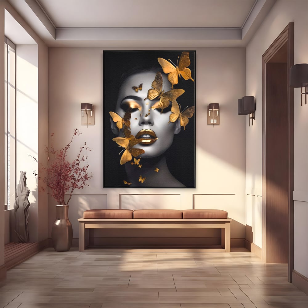 Tablou Canvas Premium LuxCanva® A1424, Butterfly Woman , Living, Frumusete, Femeie, Fluturi, Auriu, Decorativ, Culori Vibrante