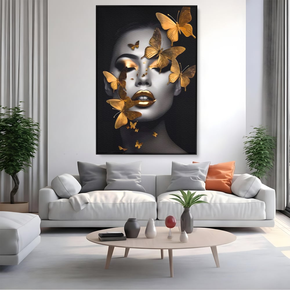 Tablou Canvas Premium LuxCanva® A1424, Butterfly Woman , Living, Frumusete, Femeie, Fluturi, Auriu, Decorativ, Culori Vibrante