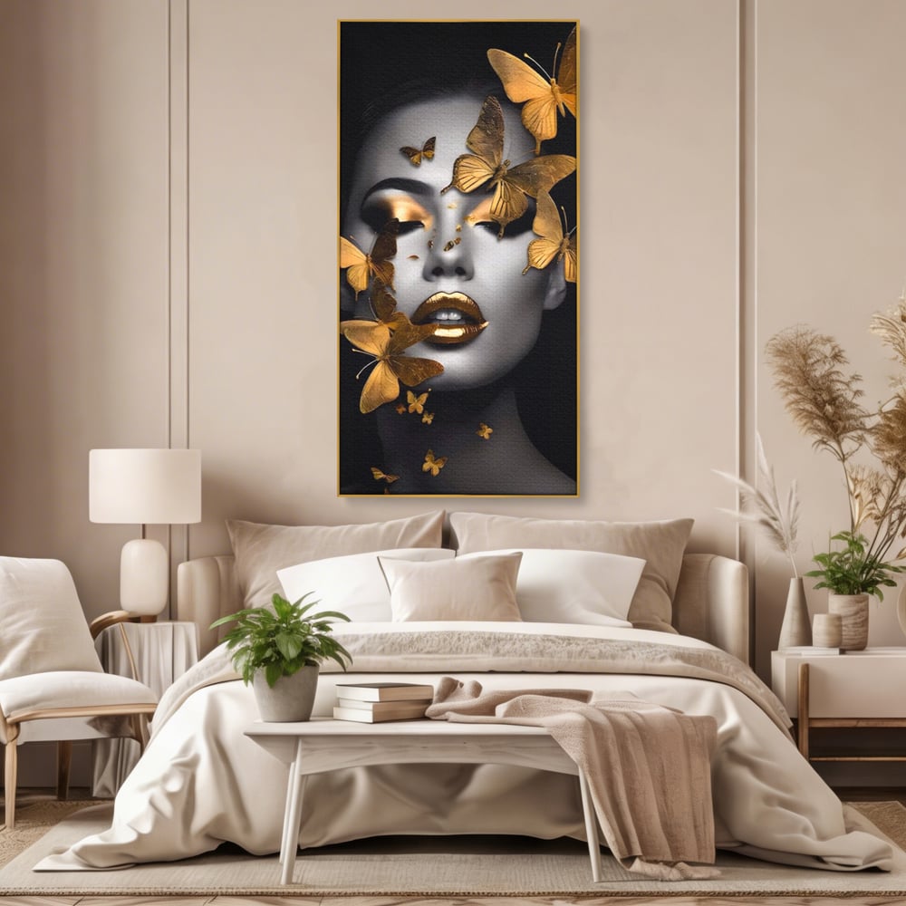 Tablou Canvas Premium LuxCanva® A1424, Butterfly Woman , Living, Frumusete, Femeie, Fluturi, Auriu, Decorativ, Culori Vibrante