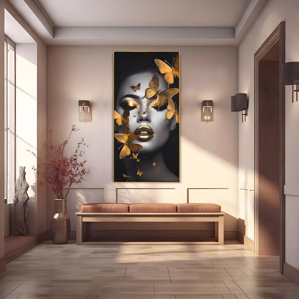 Tablou Canvas Premium LuxCanva® A1424, Butterfly Woman , Living, Frumusete, Femeie, Fluturi, Auriu, Decorativ, Culori Vibrante