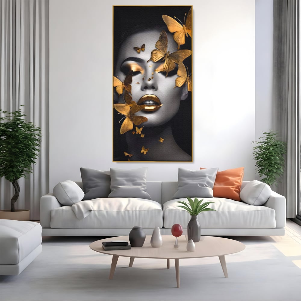 Tablou Canvas Premium LuxCanva® A1424, Butterfly Woman , Living, Frumusete, Femeie, Fluturi, Auriu, Decorativ, Culori Vibrante