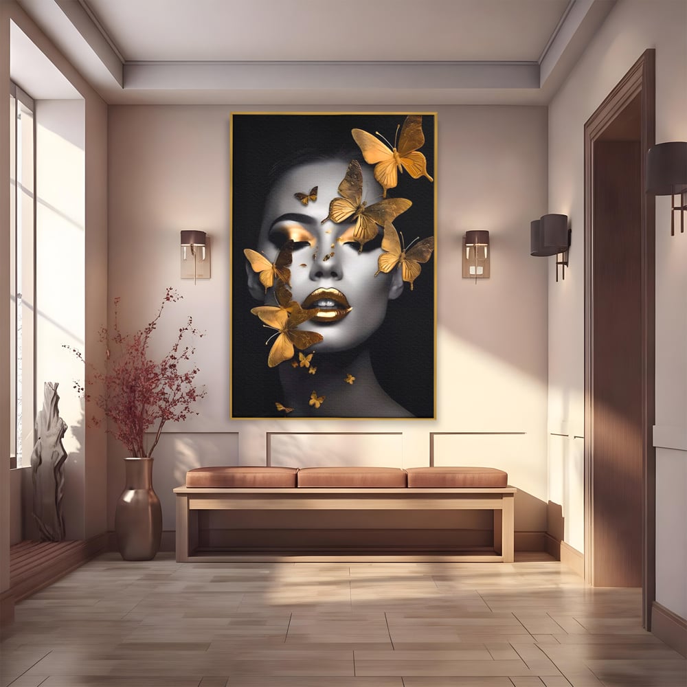 Tablou Canvas Premium LuxCanva® A1424, Butterfly Woman , Living, Frumusete, Femeie, Fluturi, Auriu, Decorativ, Culori Vibrante