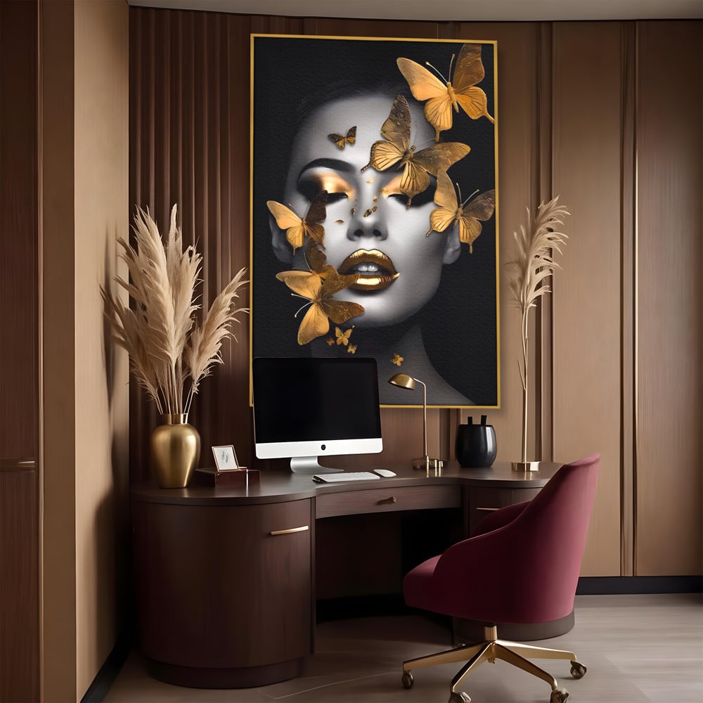 Tablou Canvas Premium LuxCanva® A1424, Butterfly Woman , Living, Frumusete, Femeie, Fluturi, Auriu, Decorativ, Culori Vibrante