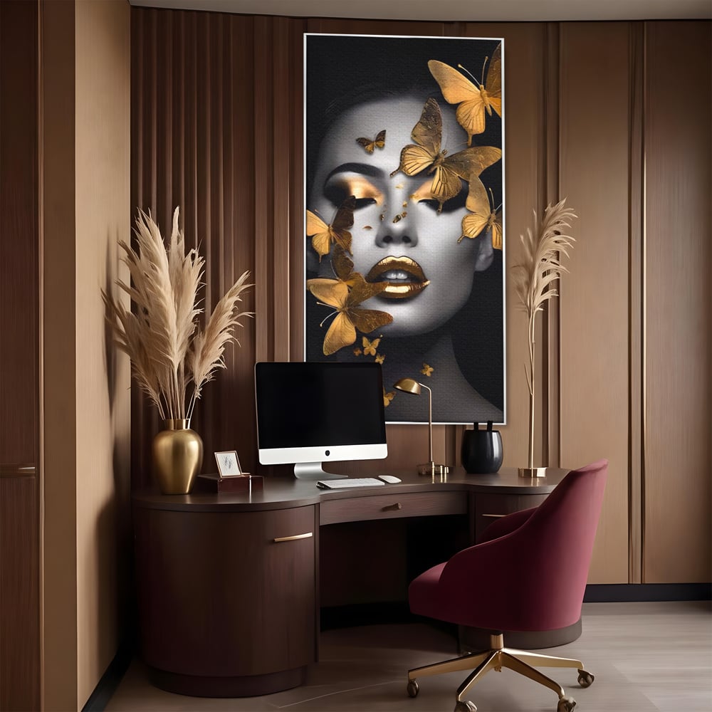 Tablou Canvas Premium LuxCanva® A1424, Butterfly Woman , Living, Frumusete, Femeie, Fluturi, Auriu, Decorativ, Culori Vibrante