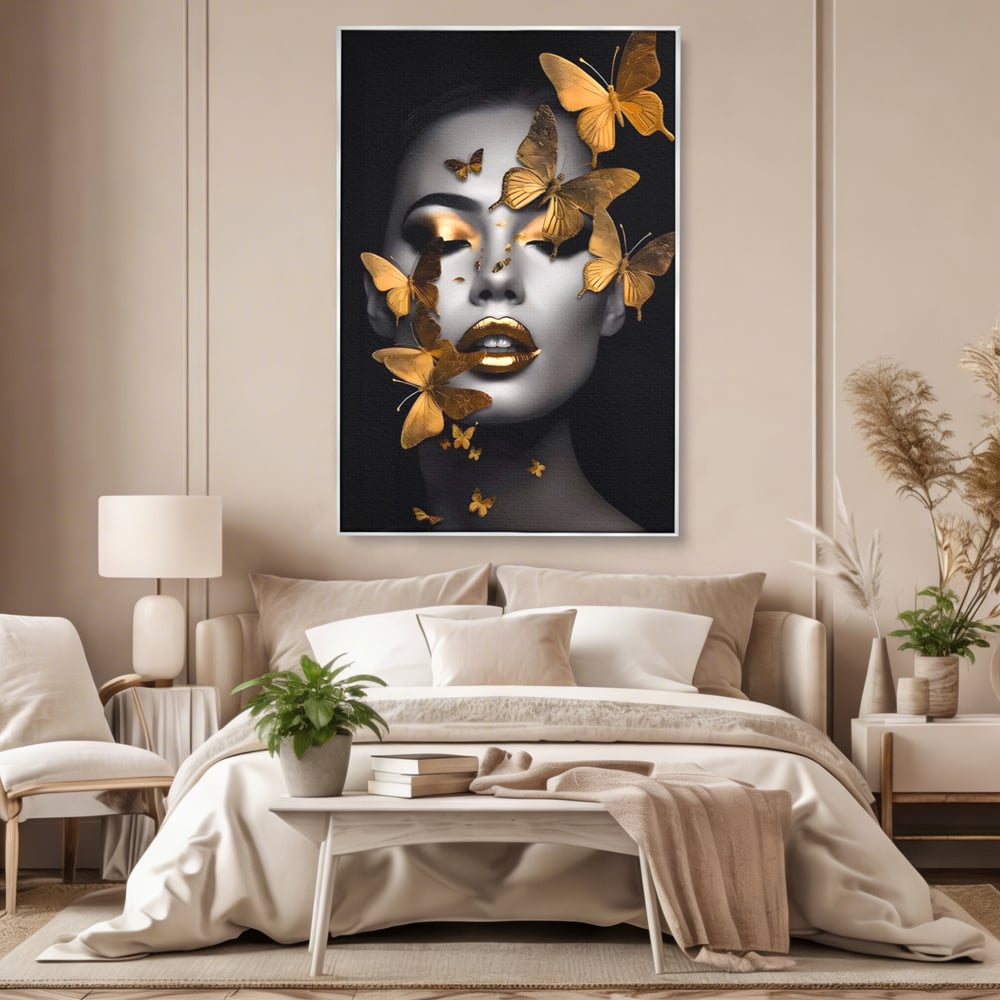 Tablou Canvas Premium LuxCanva® A1424, Butterfly Woman , Living, Frumusete, Femeie, Fluturi, Auriu, Decorativ, Culori Vibrante