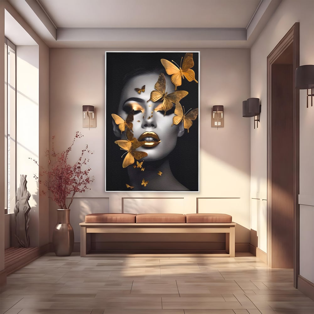 Tablou Canvas Premium LuxCanva® A1424, Butterfly Woman , Living, Frumusete, Femeie, Fluturi, Auriu, Decorativ, Culori Vibrante
