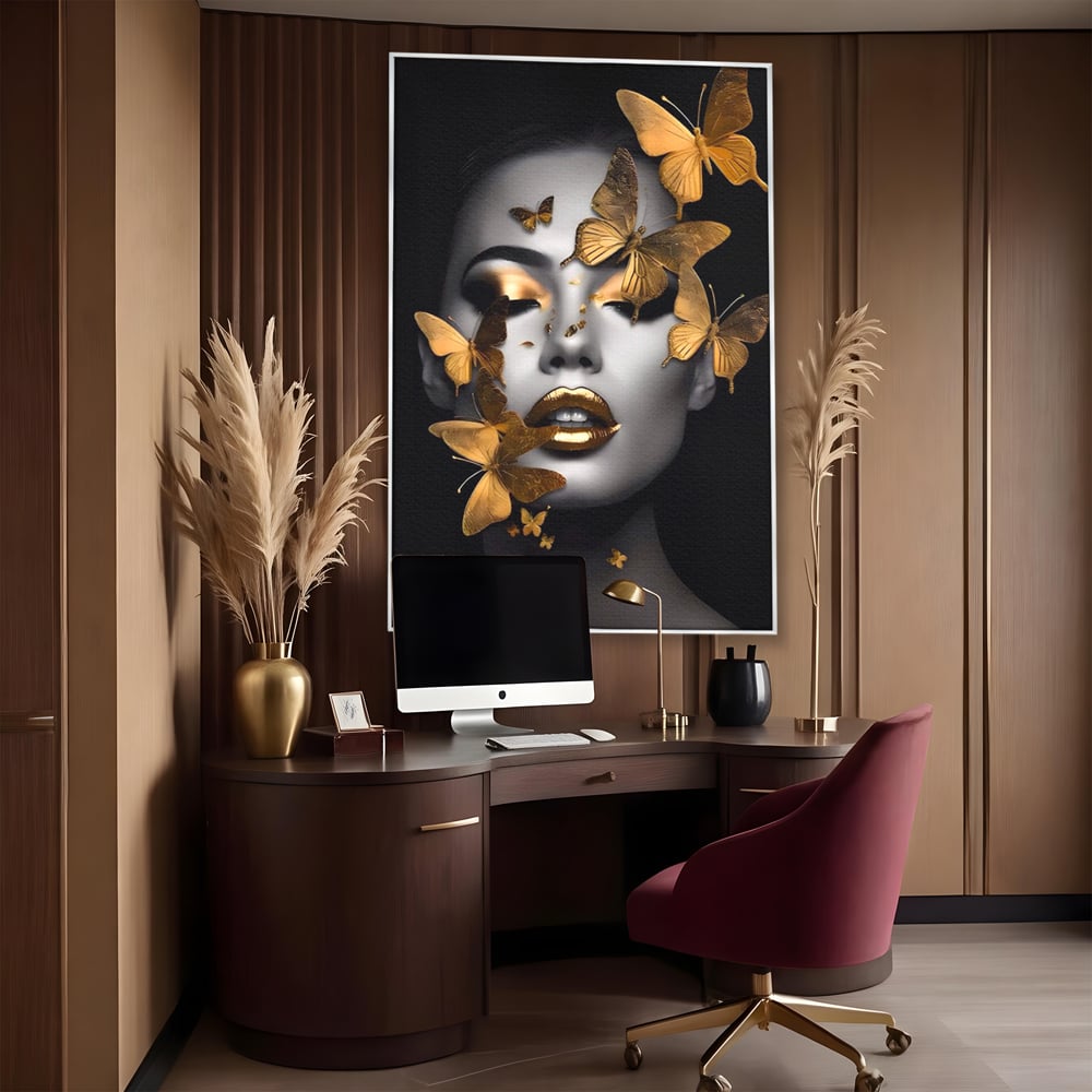 Tablou Canvas Premium LuxCanva® A1424, Butterfly Woman , Living, Frumusete, Femeie, Fluturi, Auriu, Decorativ, Culori Vibrante
