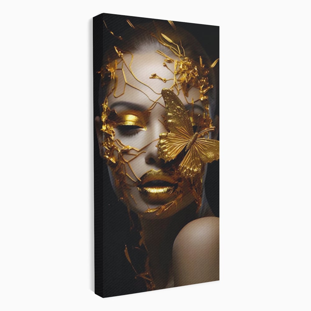 Tablou Canvas Premium LuxCanva® A1425, Gold Butterfly , Living, Frumusete, Femeie, Fluturi, Auriu, Decorativ, Culori Vibrante
