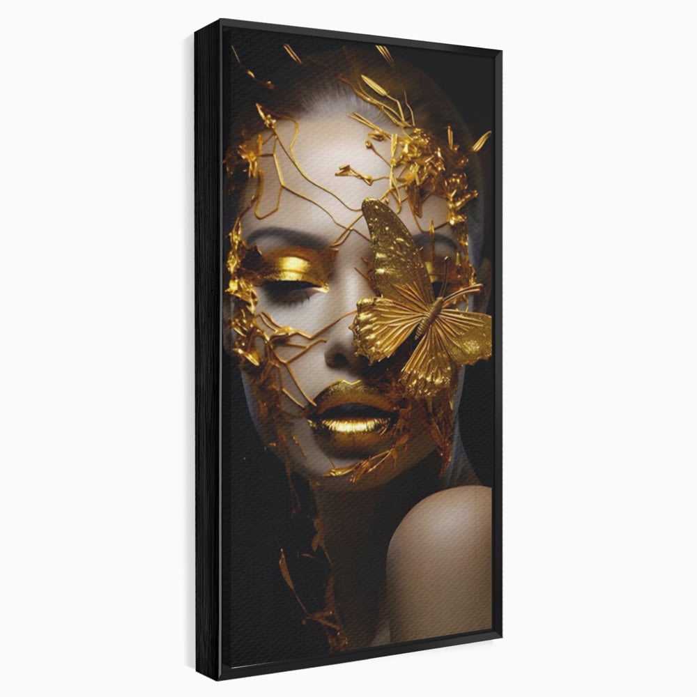 Tablou Canvas Premium LuxCanva® A1425, Gold Butterfly , Living, Frumusete, Femeie, Fluturi, Auriu, Decorativ, Culori Vibrante