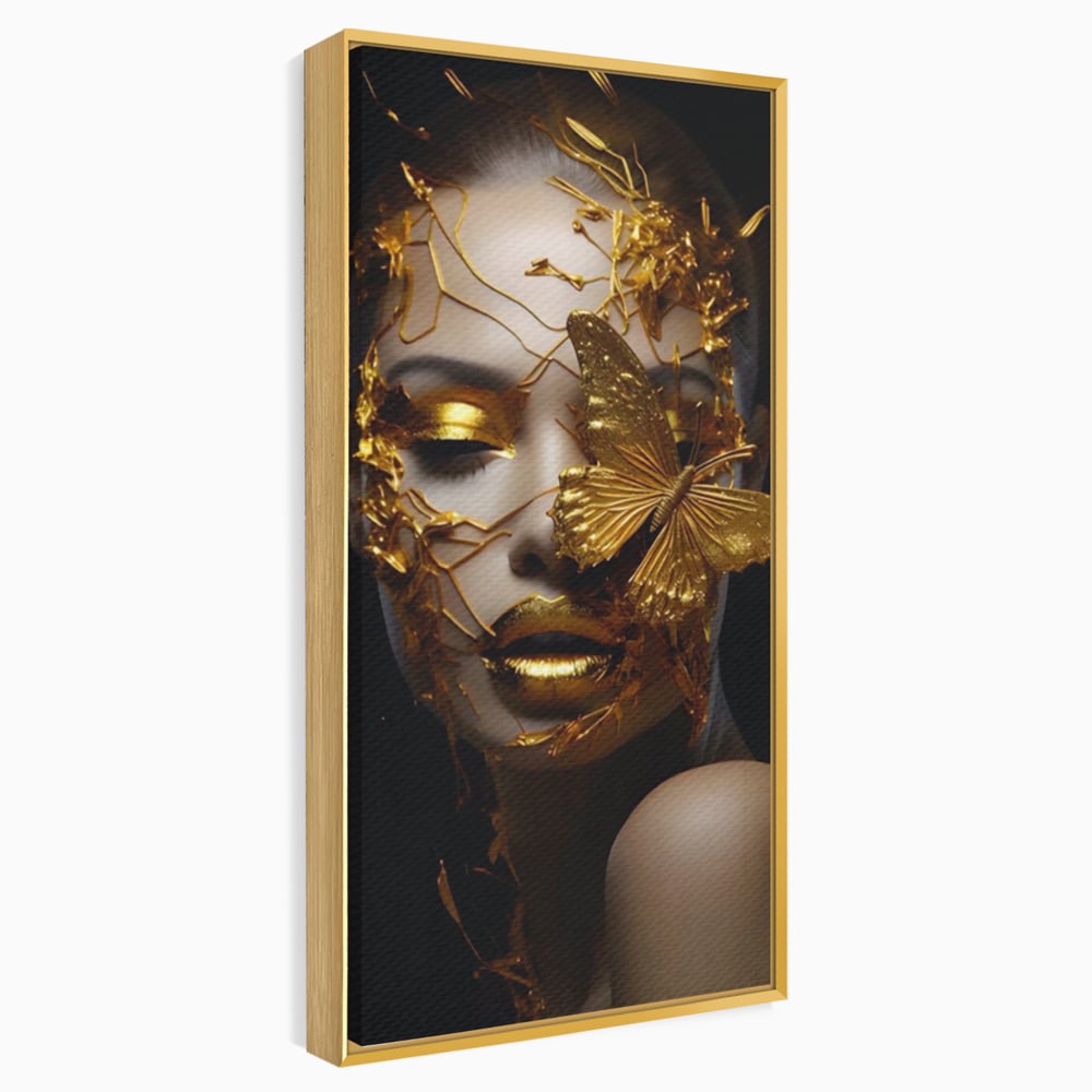 Tablou Canvas Premium LuxCanva® A1425, Gold Butterfly , Living, Frumusete, Femeie, Fluturi, Auriu, Decorativ, Culori Vibrante