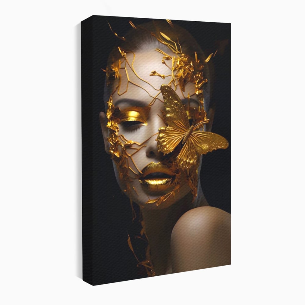 Tablou Canvas Premium LuxCanva® A1425, Gold Butterfly , Living, Frumusete, Femeie, Fluturi, Auriu, Decorativ, Culori Vibrante