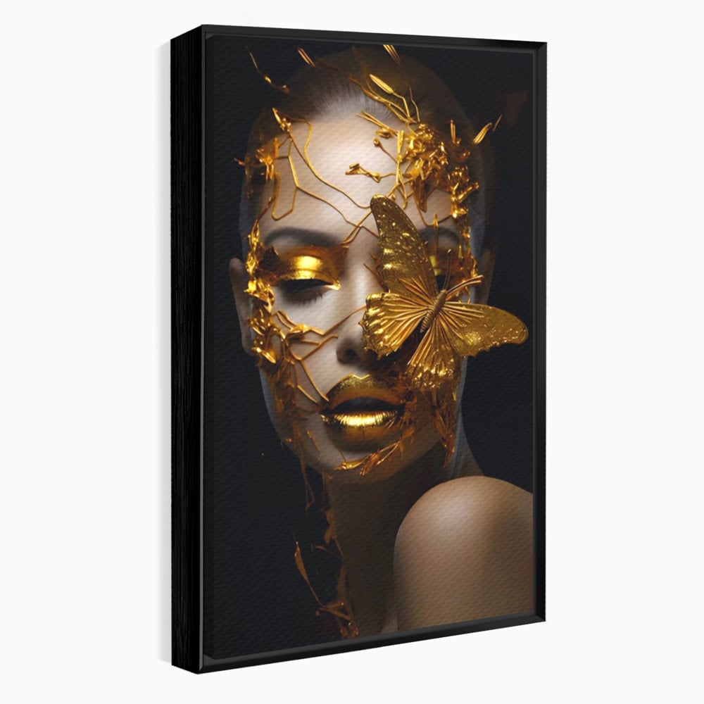 Tablou Canvas Premium LuxCanva® A1425, Gold Butterfly , Living, Frumusete, Femeie, Fluturi, Auriu, Decorativ, Culori Vibrante