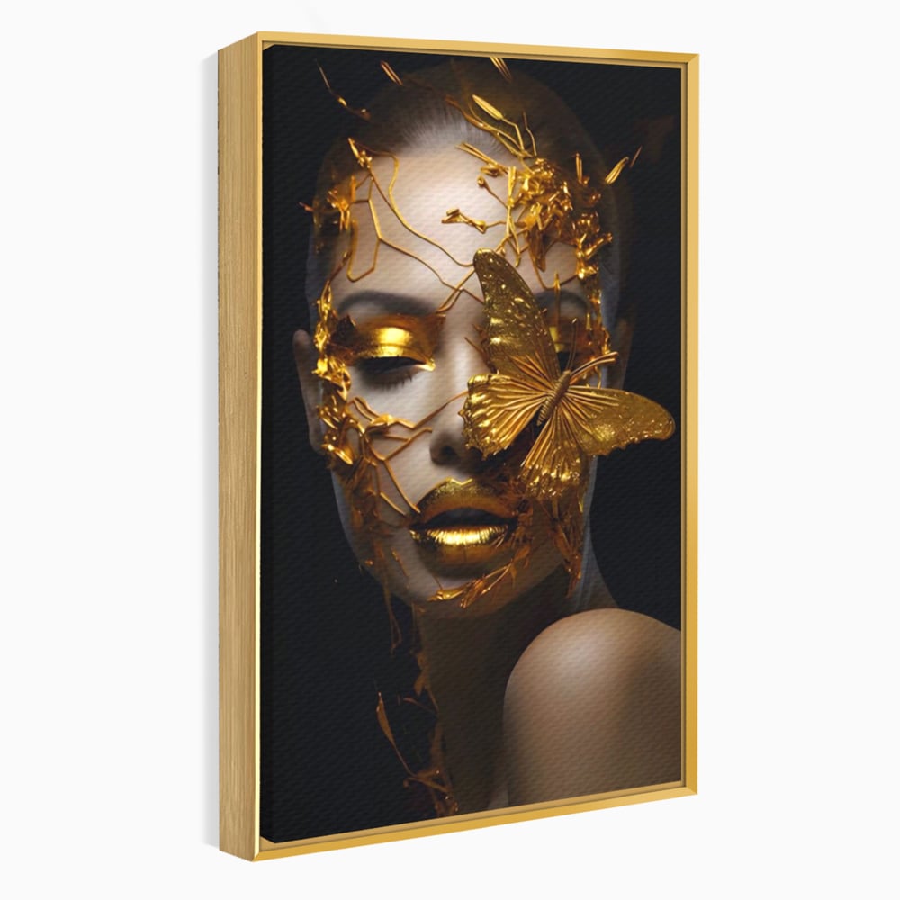 Tablou Canvas Premium LuxCanva® A1425, Gold Butterfly , Living, Frumusete, Femeie, Fluturi, Auriu, Decorativ, Culori Vibrante