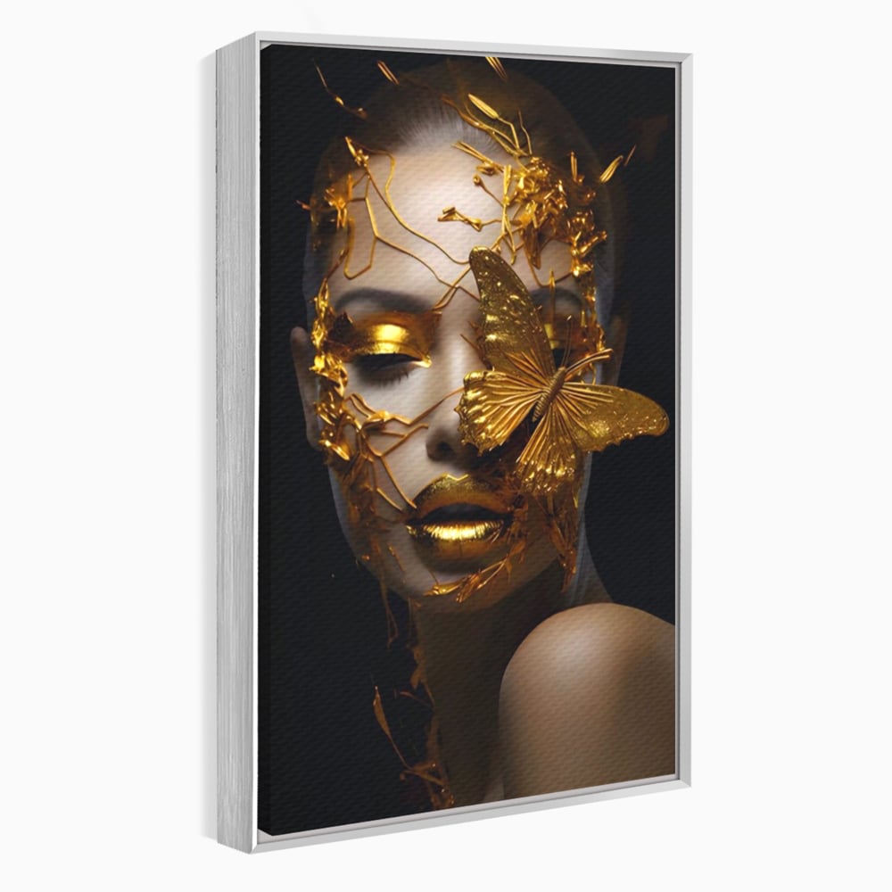 Tablou Canvas Premium LuxCanva® A1425, Gold Butterfly , Living, Frumusete, Femeie, Fluturi, Auriu, Decorativ, Culori Vibrante
