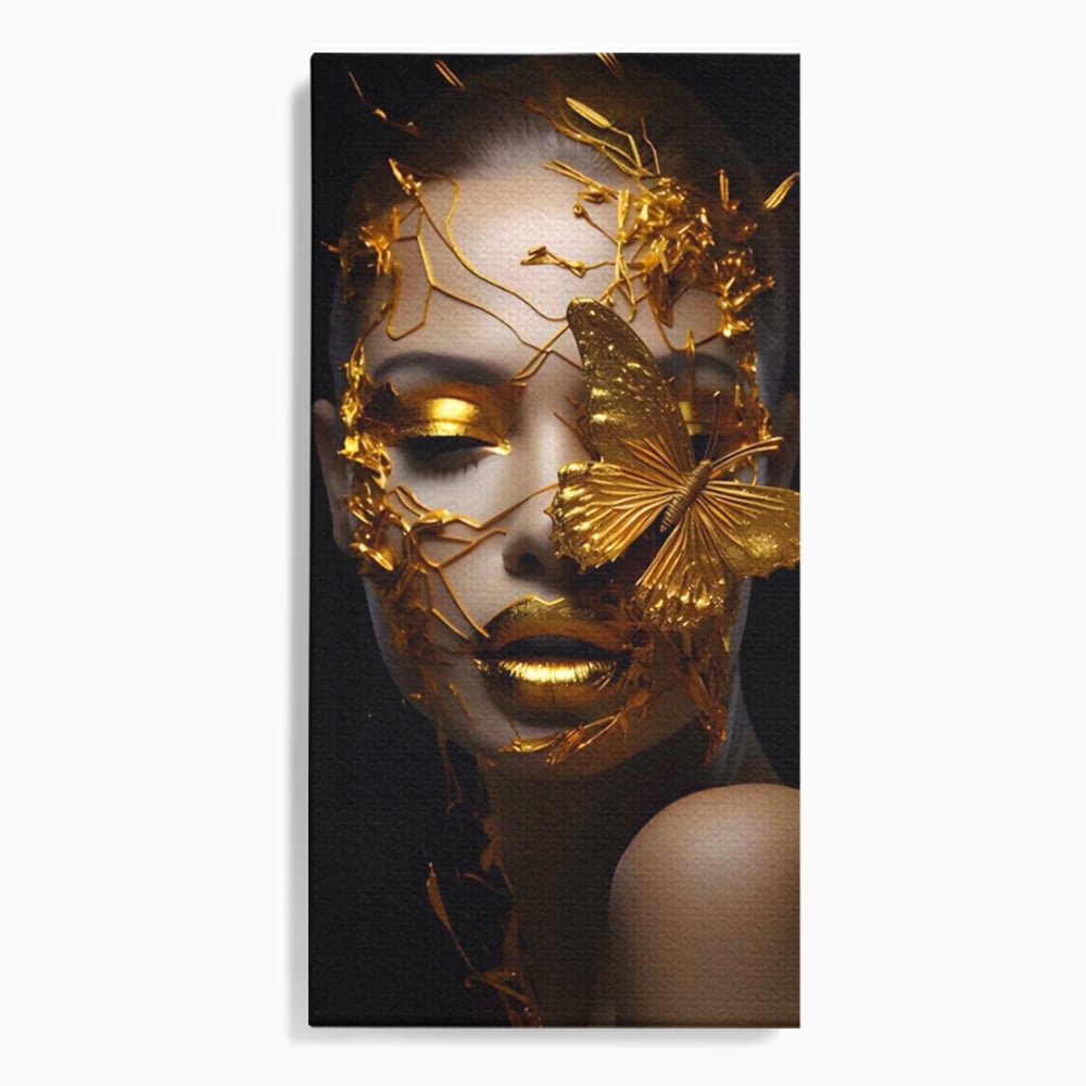 Tablou Canvas Premium LuxCanva® A1425, Gold Butterfly , Living, Frumusete, Femeie, Fluturi, Auriu, Decorativ, Culori Vibrante