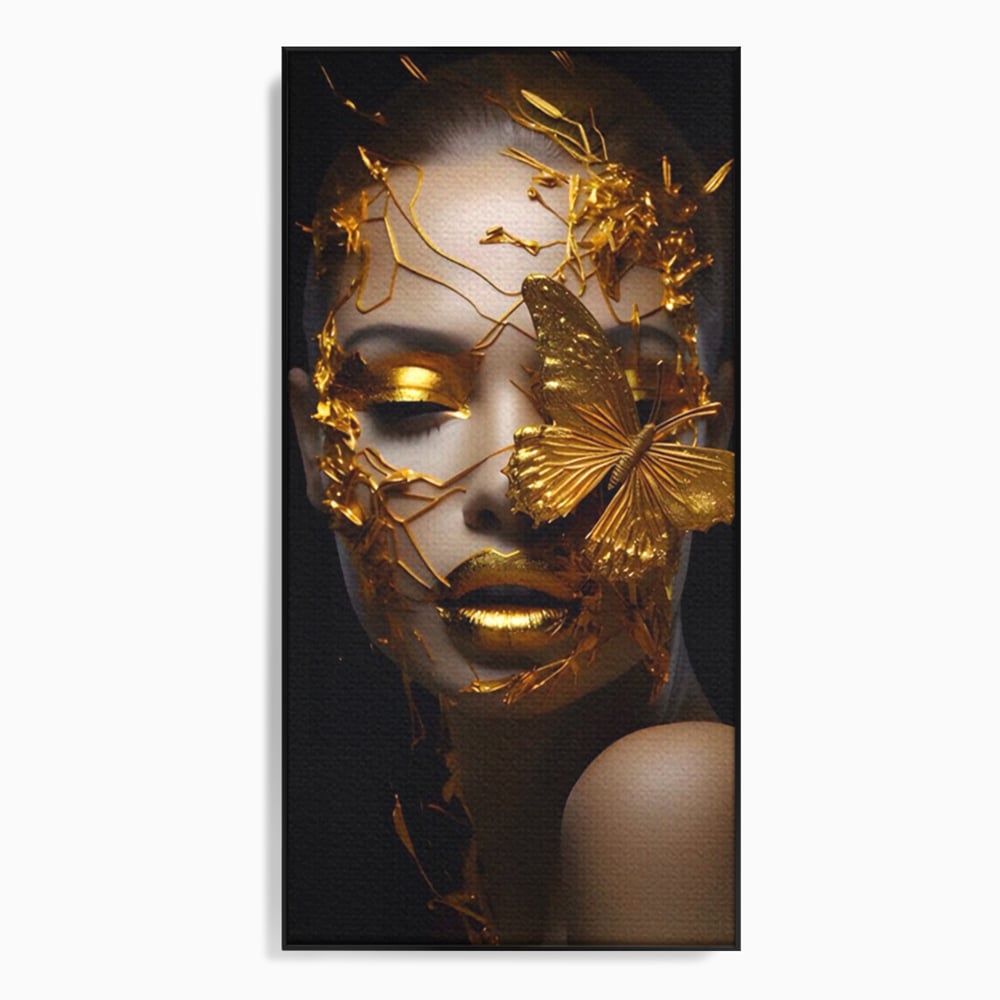 Tablou Canvas Premium LuxCanva® A1425, Gold Butterfly , Living, Frumusete, Femeie, Fluturi, Auriu, Decorativ, Culori Vibrante